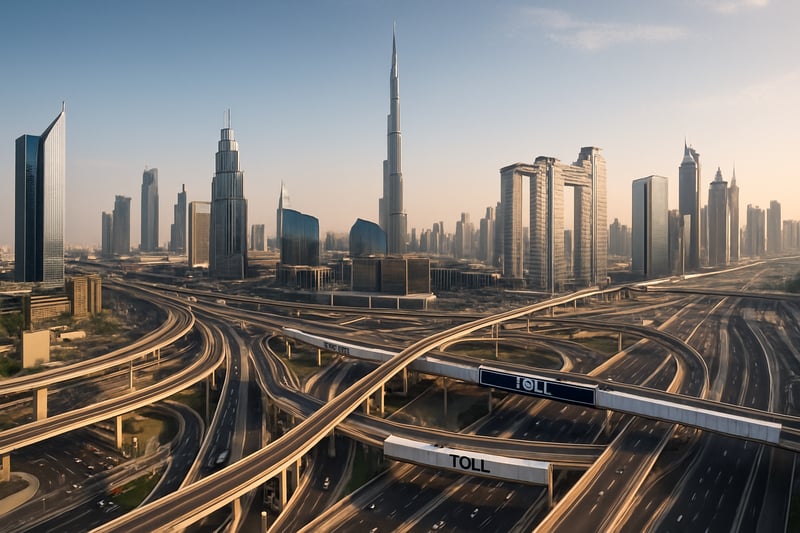 Dubai skyline with modern highways and toll road infrastructure